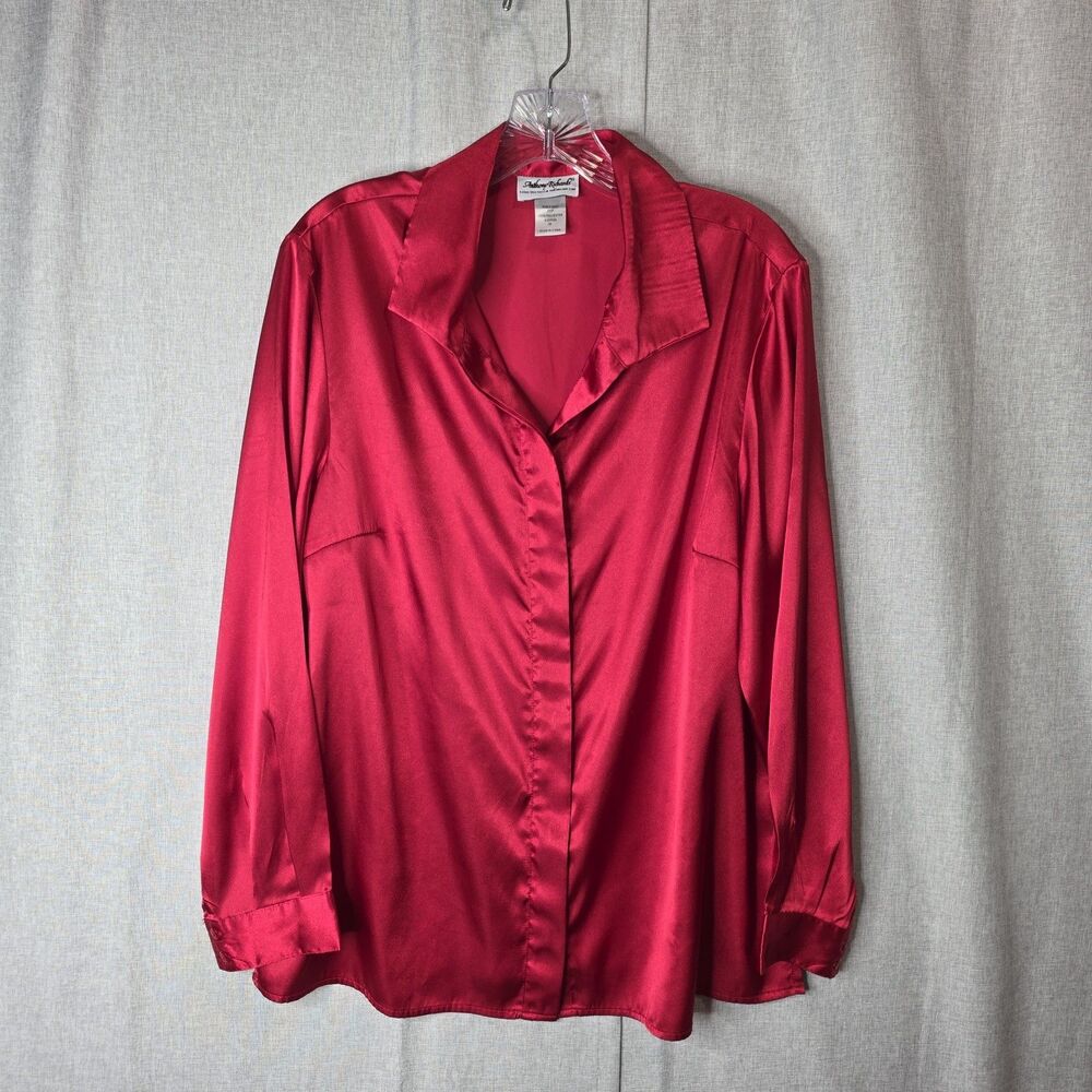 Anthony Richards Red Satin Blouse Size 16 Button Down Long Sleeve Collar Shirt